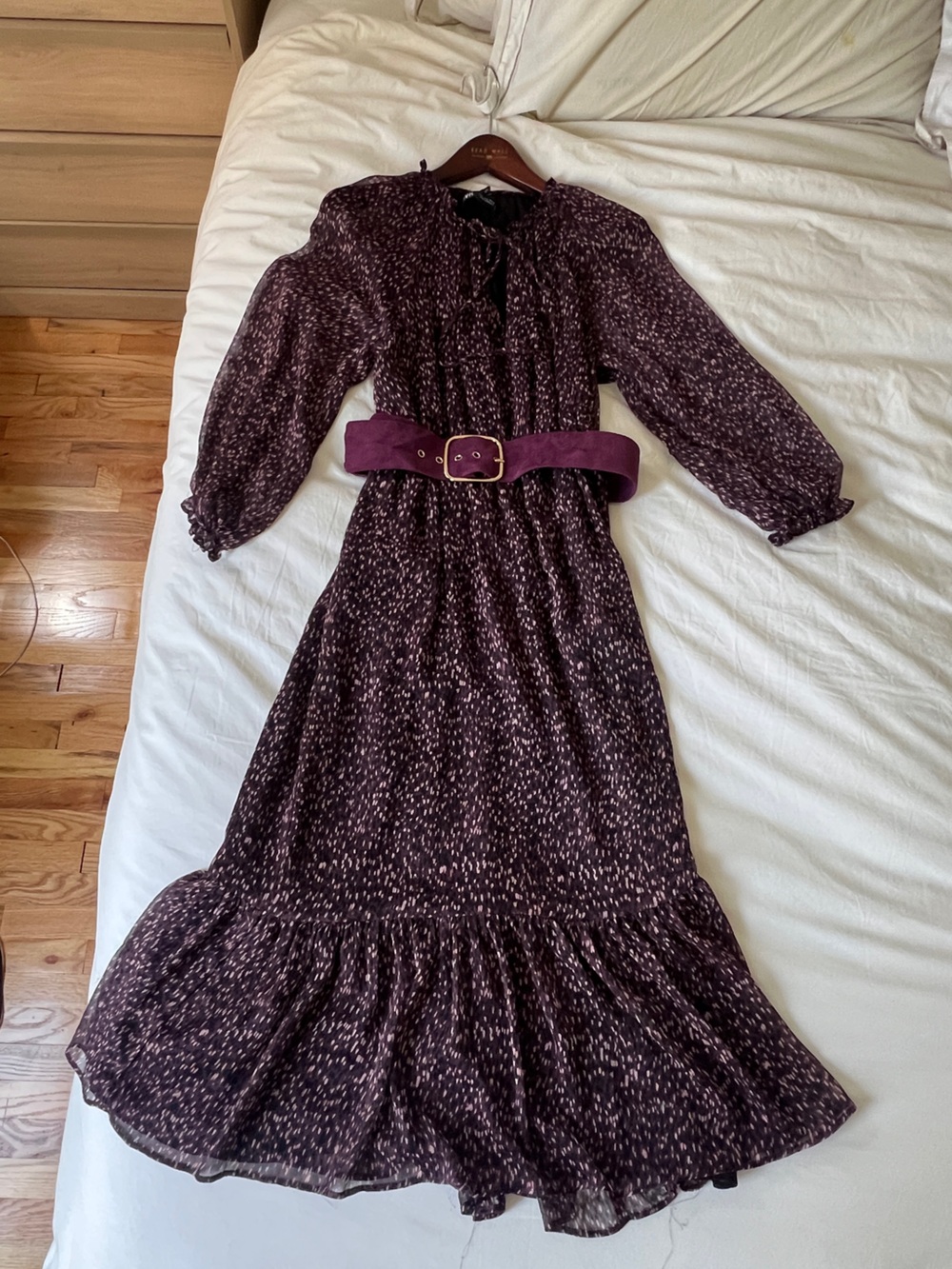 Zara - Women’s Maroon Printed Long Sleeve Midi Dress with Suede Belt